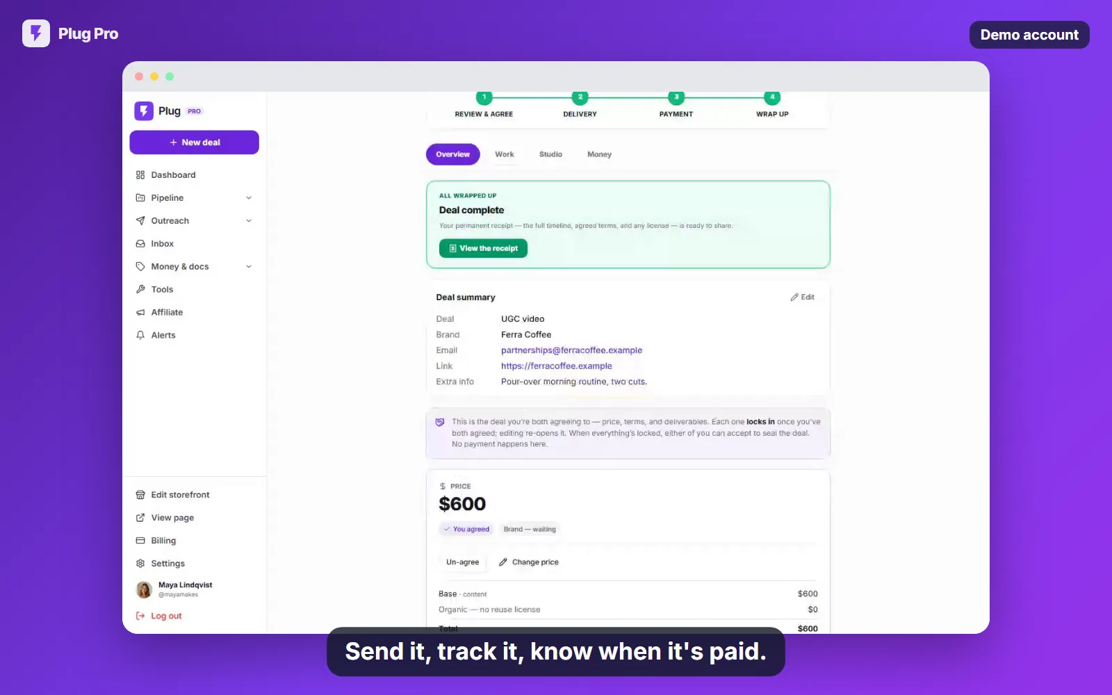 A paid deal's page: the share link, the completed track, the deal summary, and the price line items.
