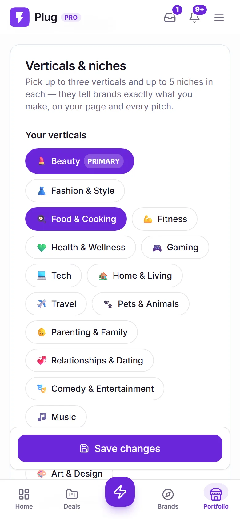 The niche picker on the portfolio page: your verticals, with the primary one lit