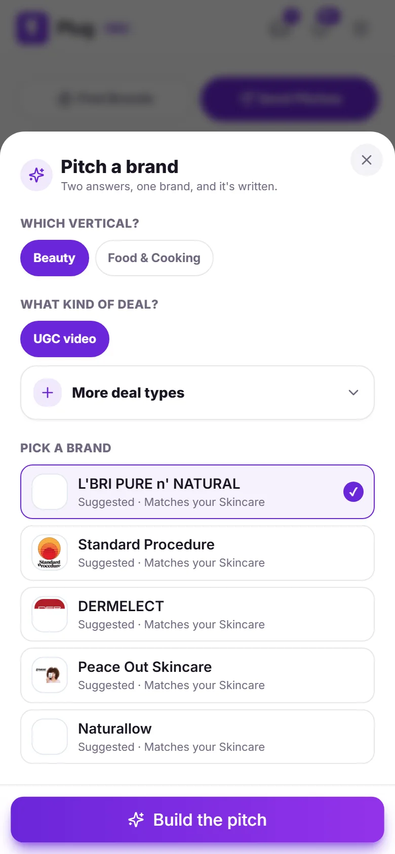 The pitch launcher on a phone: your vertical, the deal type, and brands to pick