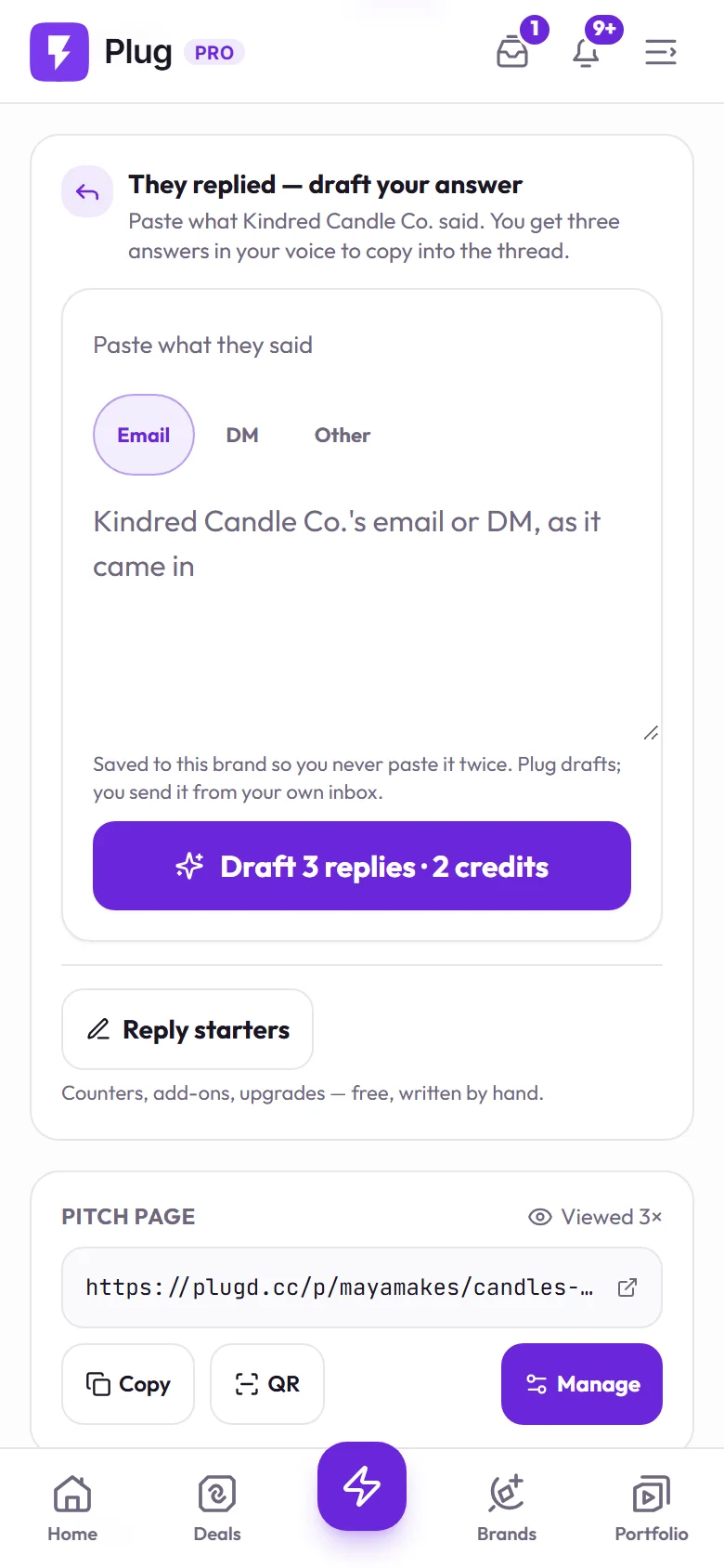 A pitch marked as replied: the card to paste what the brand said and draft an answer
